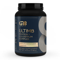 The GR8 LIFESTYLE ULTIM8 front-pack shows chocolate flavor, ideal for athletes.