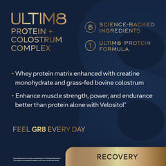 GR8 LIFESTYLE ULTIM8 ingredients panel highlights the multi-source protein blend.