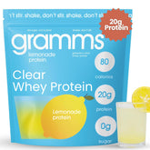 GRAMMS Clear Protein Powder bottle with lemonade flavor showing refreshing 20g protein
