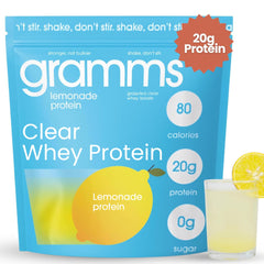 GRAMMS Clear Protein Powder bottle with lemonade flavor showing refreshing 20g protein