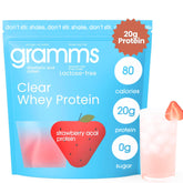 GRAMMS Clear Whey Isolate glass with strawberry acai, refreshing on-the-go protein.
