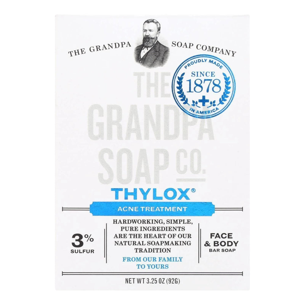 Grandpa's Thylox soap bar outer packaging highlighting oil control and cleansing benefits.