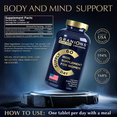 Label shows 168 folate DV in Granions vegan iron supplement