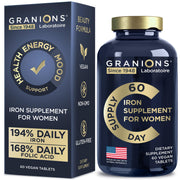 Granions vegan iron for women bottle shown for daily blood support