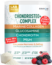 Granions Glucosamine Chondroitin MSM Powder bottle with wild berry for daily joint comfort.