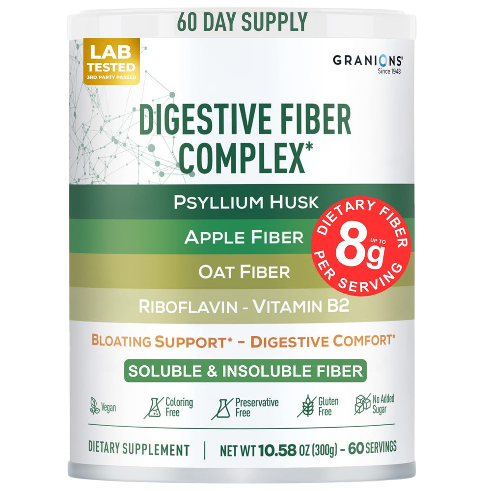Granions psyllium husk powder bottle promoting digestive comfort and daily fiber support.
