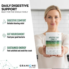 Granions psyllium husk powder stirred into a smoothie for gentle digestion.