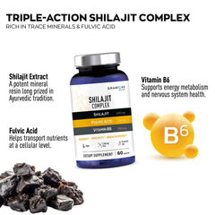 Granions pure shilajit capsules label closeup highlighting ingredients and potency.