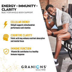 Granions vitamin B6 enhanced shilajit capsules indicating cognitive and immune support.