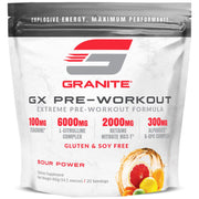 Granite GX pre-workout bottle front, Sour Power flavor, for focused energy before training.
