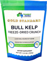 Grassland Nutrition Bull Kelp Crunch bottle on surface, highlighting iodine-rich natural snack.