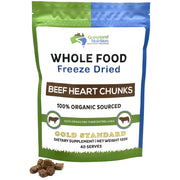 Grassland Nutrition Organic Heart Freeze-Dried Chunks on a clean surface, convenient energy snack.