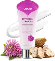 Gratulor Estrogen Cream bottle closeup highlighting phytoestrogen support for menopause