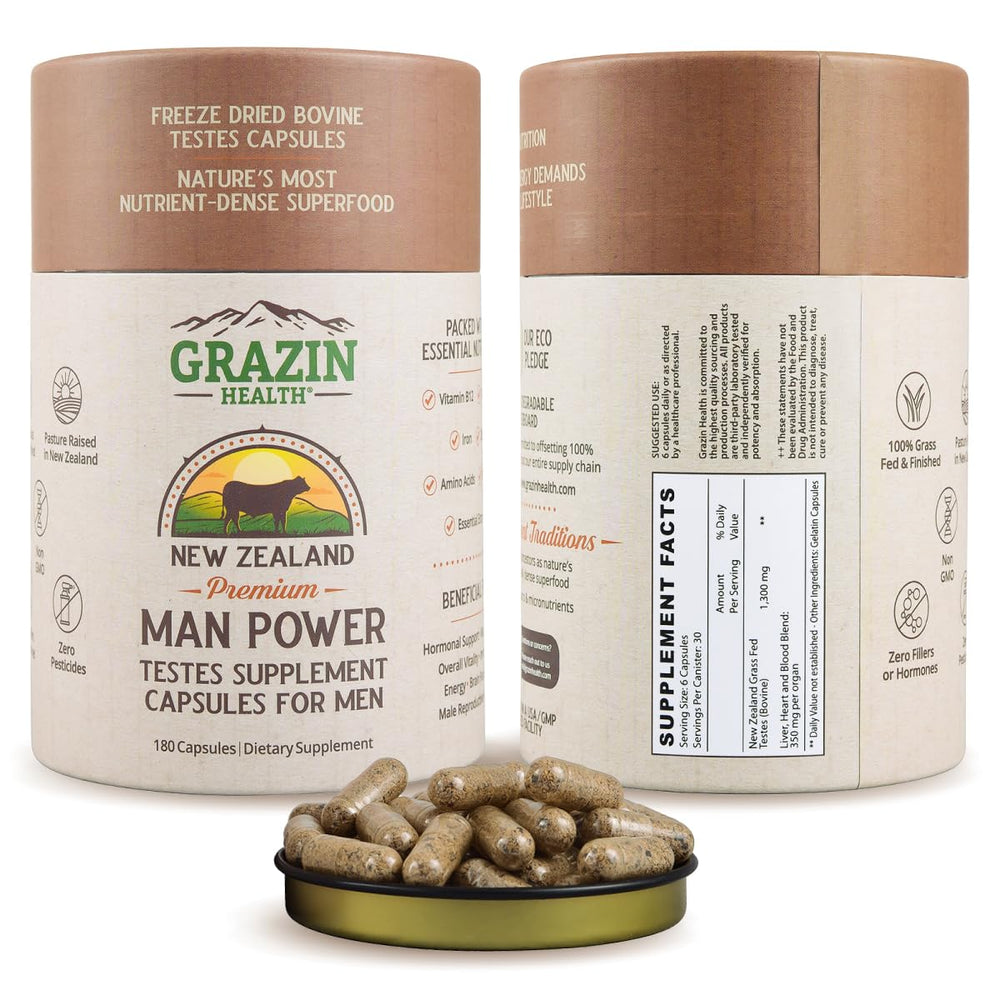 GRAZIN HEALTH grass-fed bovine testes capsules bottle front for daily energy support.