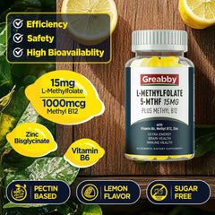 GREABBY L Methylfolate Gummies label close-up showing 5-MTHF and 1000 mcg B12.
