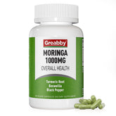 GREABBY Moringa capsules bottle front showing compact vegan capsules for daily energy support