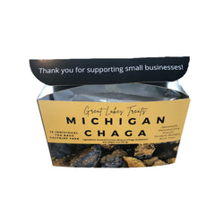 Great Lakes Treats Michigan Chaga tea bags packaging shows convenient, individually wrapped servings.