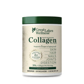 Great Lakes Wellness collagen bottle on kitchen shelf for daily wellness routine.