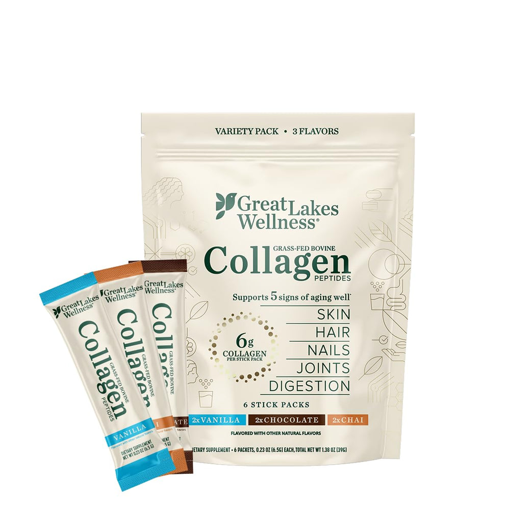 Great Lakes Wellness collagen peptides bottle on kitchen counter for daily routine.