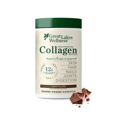 Great Lakes Wellness collagen peptides chocolate powder jar for easy daily beverage boosts.