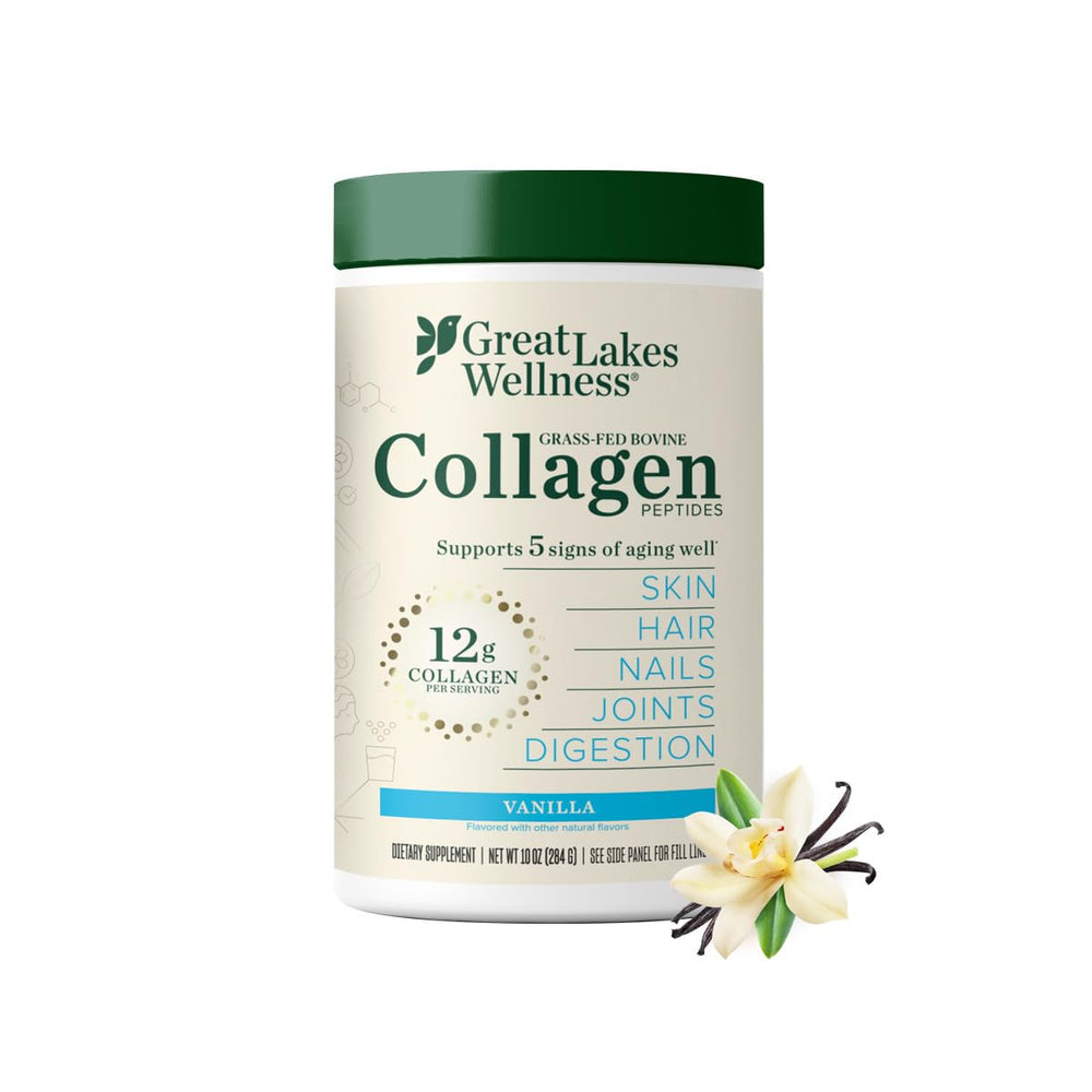 Great Lakes Wellness Collagen Peptides Vanilla powder pours smoothly for delightful beverages.