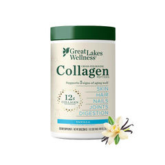 Great Lakes Wellness Collagen Peptides Vanilla powder pours smoothly for delightful beverages.