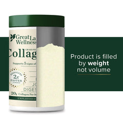 Great Lakes Wellness collagen scoop pouring powder into a glass for easy mixing.