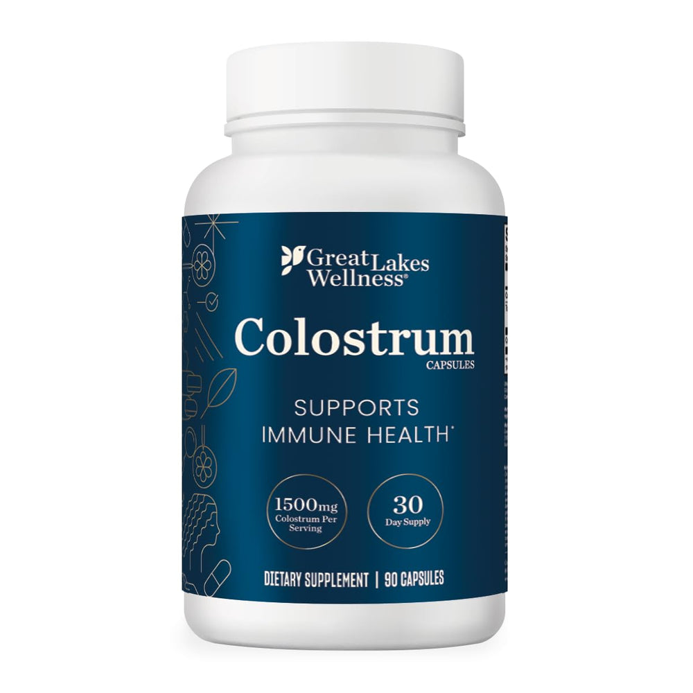 Great Lakes Wellness Colostrum capsules bottle showing 90-count pack for daily immune support