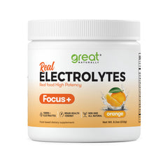 Great Naturally Focus+ Orange bottle front highlighting electrolyte hydration for active days.