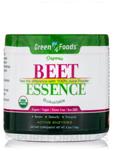 Green Foods Beet Essence bottle highlights organic, gluten-free supplement for daily wellness.