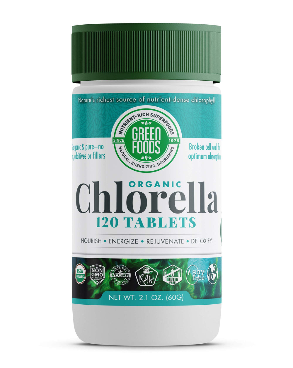 Green Foods chlorella 500 mg bottle pour for daily wellness and potential detox support.