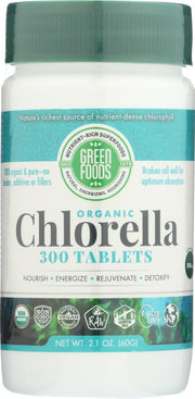 Green Foods Organic Chlorella capsules bottle; may support daily energy and well-being.