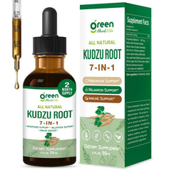 Green Herb Vibe Kudzu Root Drops bottle with dropper for everyday menopause support.