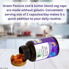 Green Pasture capsule packaging shows MSC-certified cod liver oil butter blend.