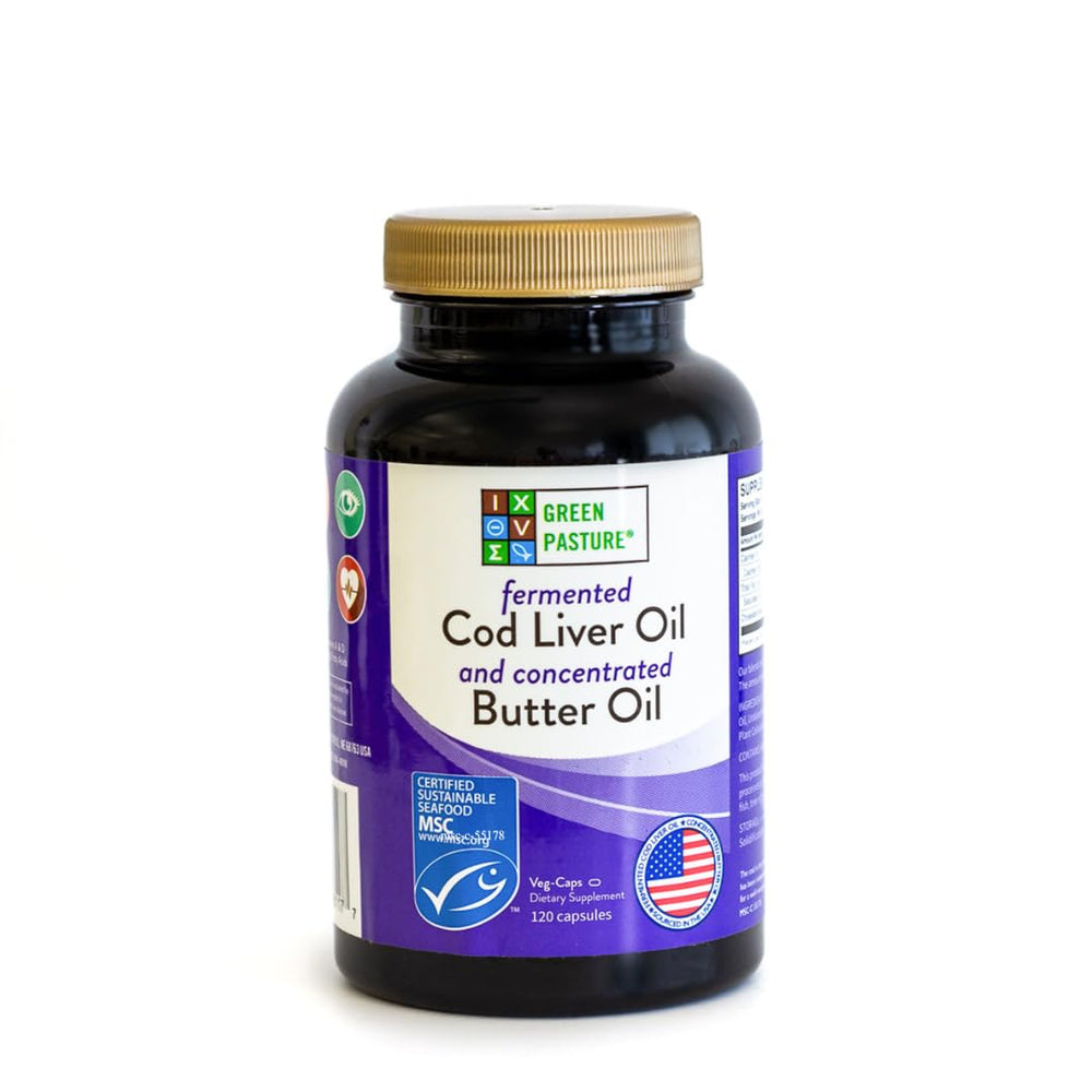 Green Pasture cod liver oil capsules bottle label highlighting omega nutrients.