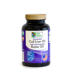 Green Pasture cod liver oil capsules bottle label highlighting omega nutrients.