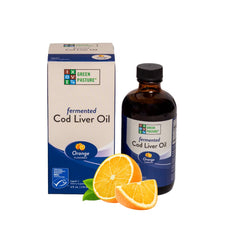 Green Pasture fermented cod liver oil liquid bottle, omega-rich daily supplement for the whole family.