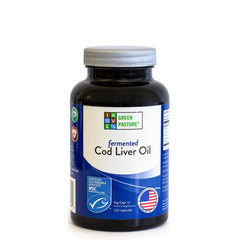 Green Pasture fermented cod liver oil bottle showing product packaging