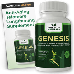 Genesis Telomere bottle shown for daily telomere health support from Green Valley Naturals