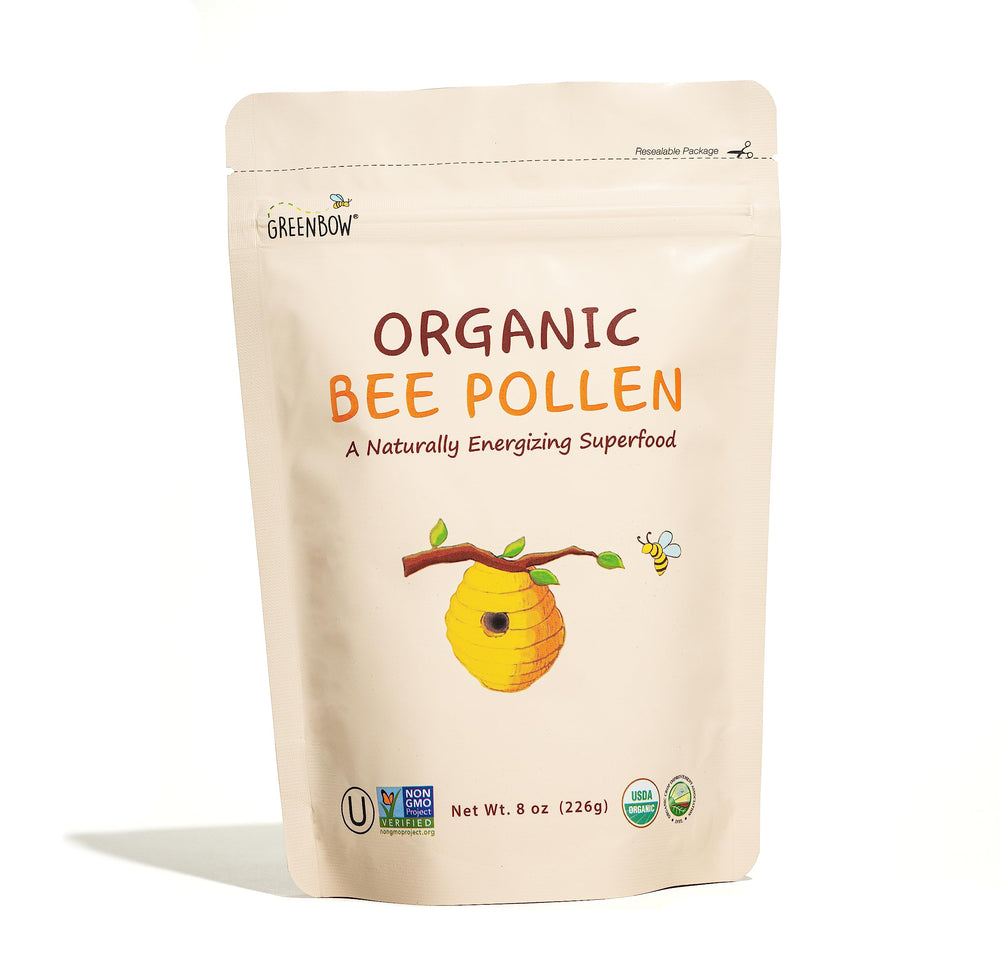 Greenbow Organic Bee Pollen 8oz packaging for convenient pantry storage.