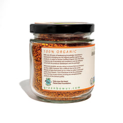 Greenbow Organic Bee Pollen jar label highlights certifications and clean ingredients.