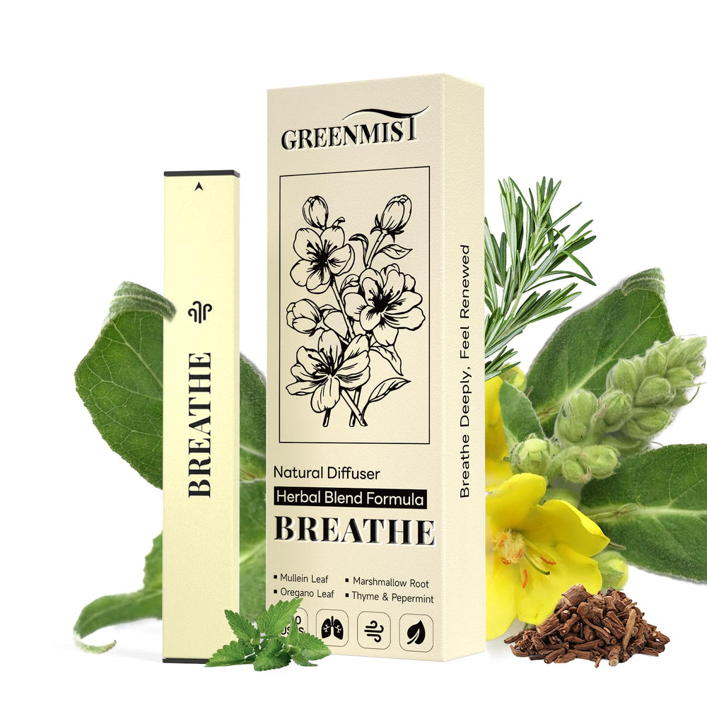 GreenMist Mullein Diffuser Pen packaging showing a clean herbal aroma for daily refreshment