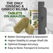 GreeNatr Ginko Biloba Panax Ginseng capsules closeup shows two-tablet daily dose.