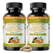 GreenPeople menopause bottle closeup showing herbal blend for hormonal balance support.
