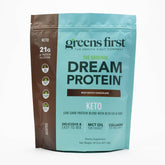 Greens First Dream Protein Powder Rich Dutch Chocolate pour highlights keto-friendly energy and clean ingredients