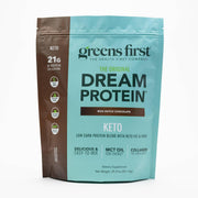 Greens First Dream Protein Powder Rich Dutch Chocolate pour highlights keto-friendly energy and clean ingredients