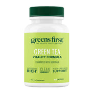 Greens First Green Tea Vitality Formula bottle with vegan, gluten-free energy support.