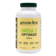 Greens First Omega-3 Optimize bottle shown with premium, purified formula for daily heart support.