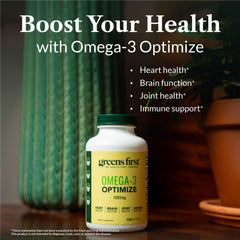 Greens First Omega-3 Optimize label detail emphasizes purity and sustainable sourcing.