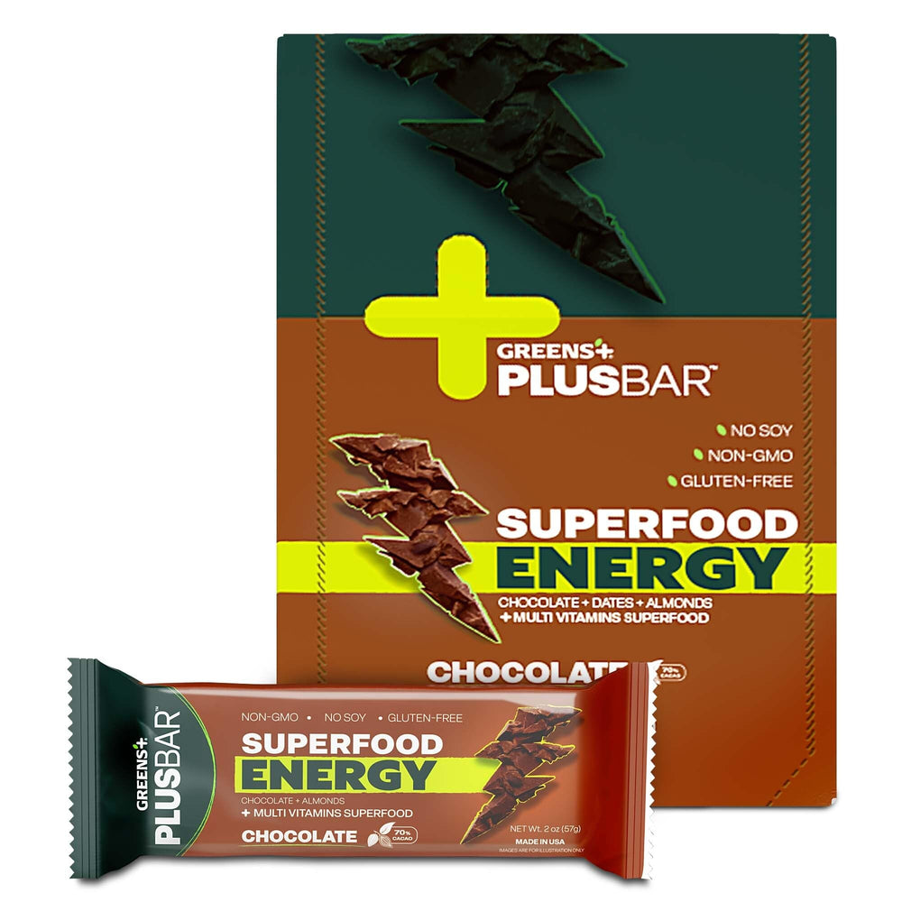 Greens+ Plusbar Energy Chocolate unwrap showing a convenient energy snack for busy days